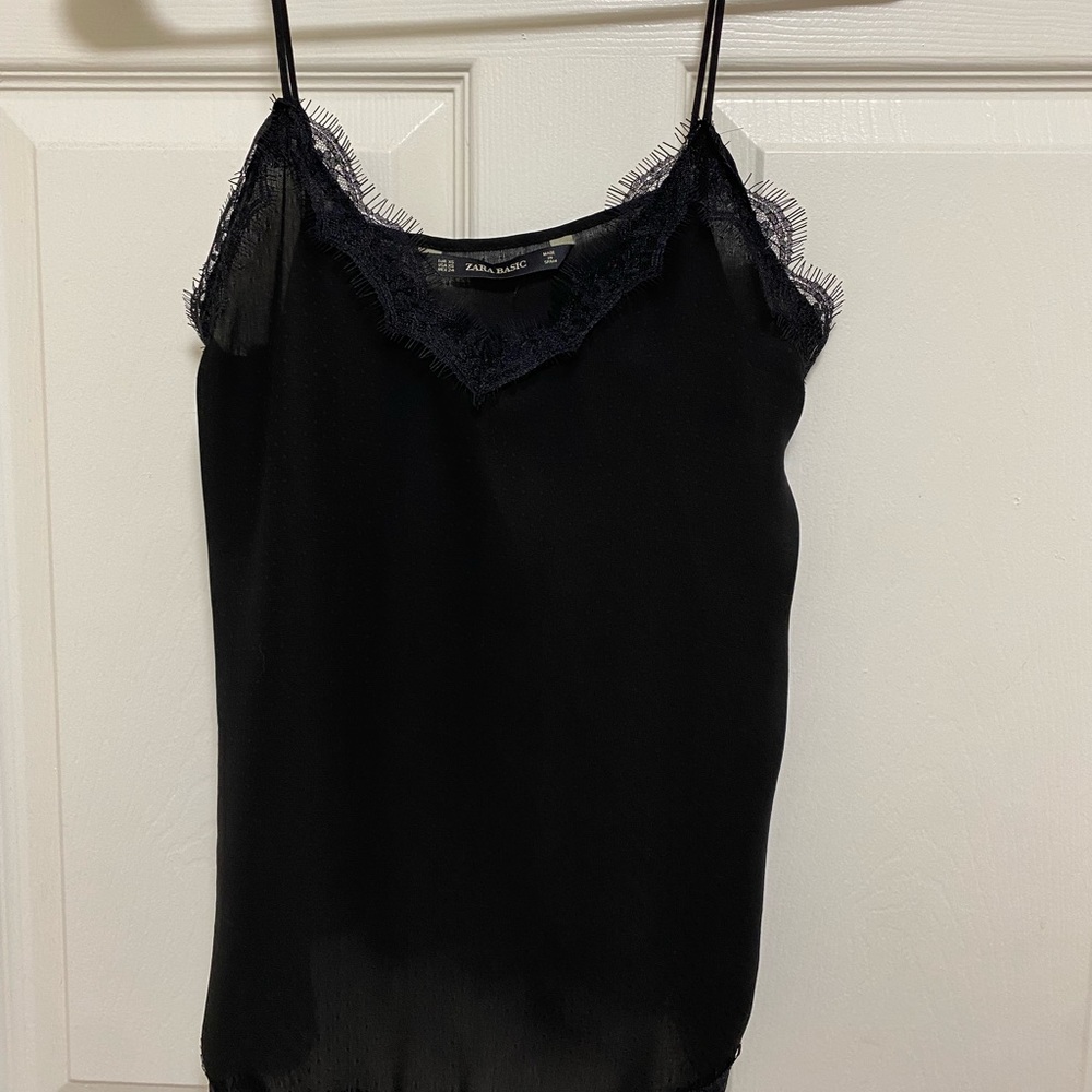 Zara black polka dotted sheet tank with lace trim, size  xs nwot